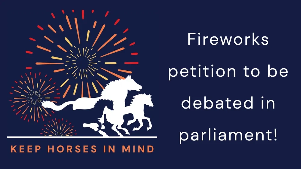 Image of the Keep Horses In Mind campaign logo (the Redwings logo with fireworks) and the text "Fireworks petition to be debated in parliament!"