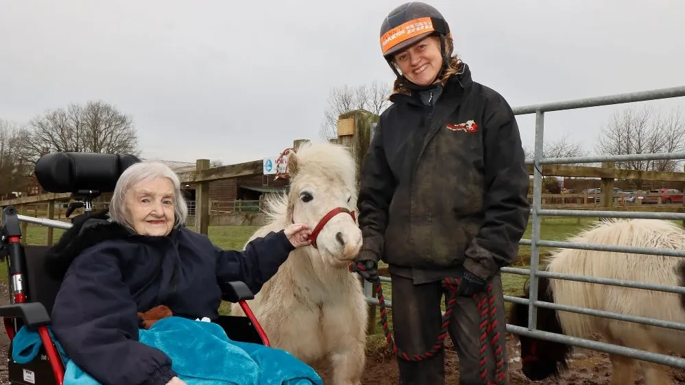 Photo of Barbara in a wheelchair meeting a pony being held by a handler.