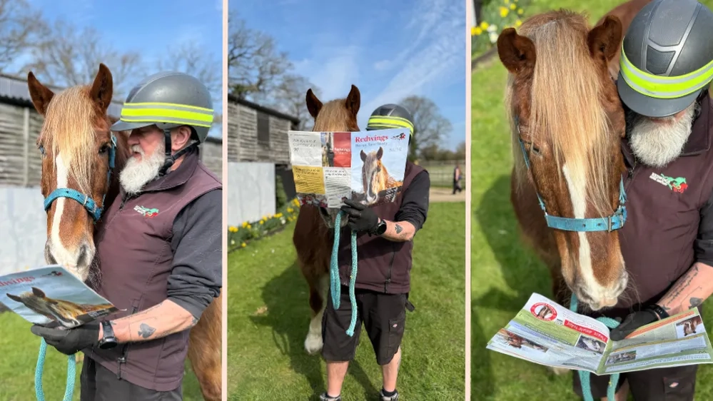 Dennie is reading the Redwings the newsletter with his carer Andy