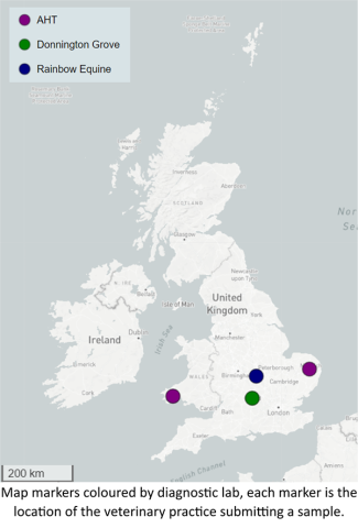 Map with markers coloured by diagnostic lab