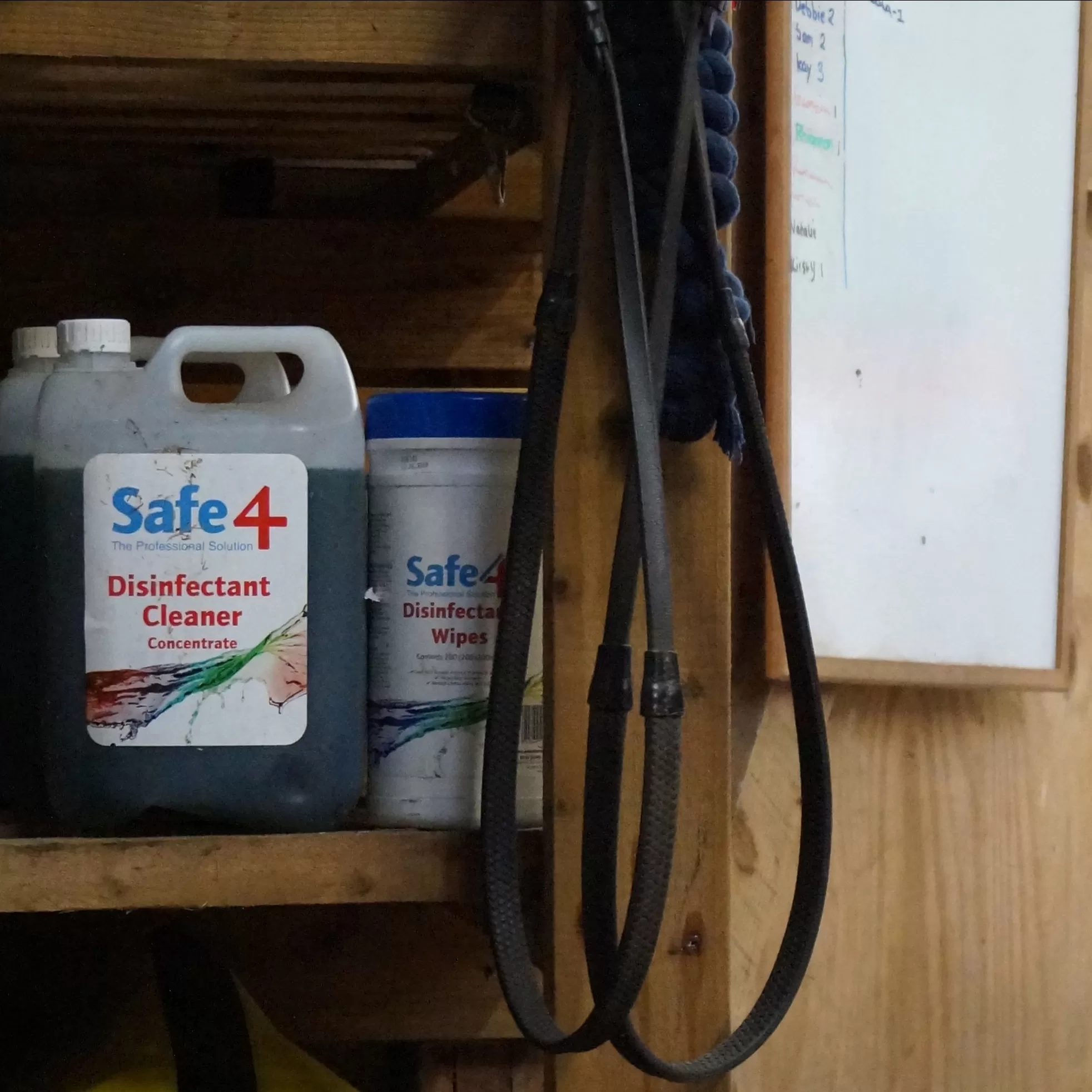 A photo of disinfectant in storage. 